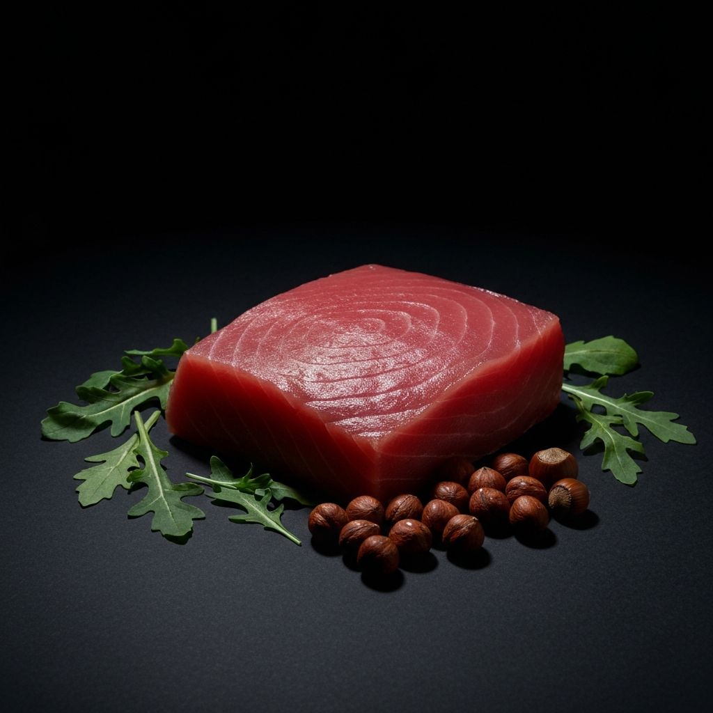 Fresh natural products including tuna, hazelnuts, and arugula